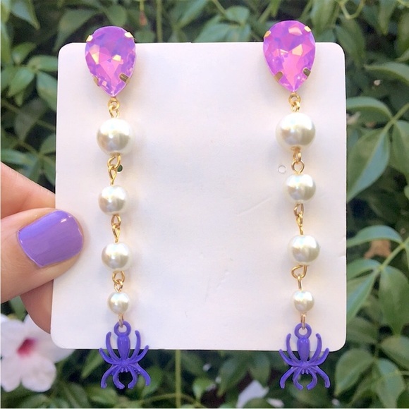 Pink-Purple Opal Aurora Borealis Crystal, Spider + Pearl Halloween Drop Earrings - Picture 1 of 3